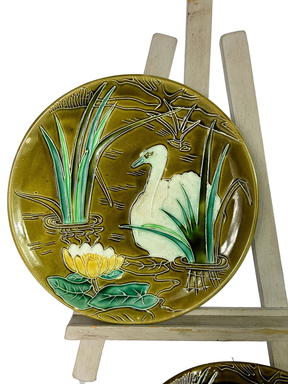 Thumbnail: Pair Large decorative French Majolica Swan platters 1900 antique Art Nouveau