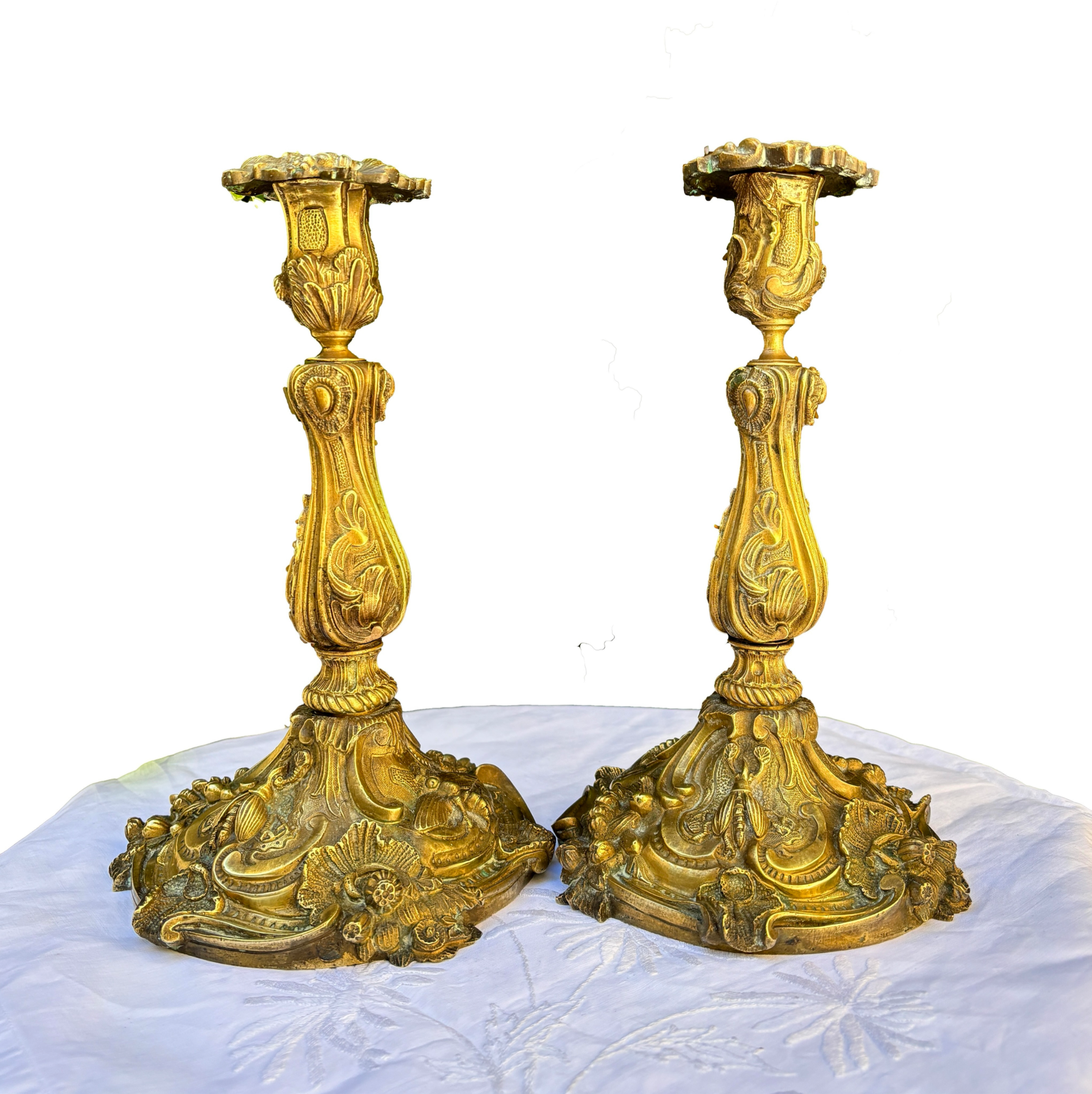Rare Pair antique bronze French candlesticks Napoleon III ornately decorated