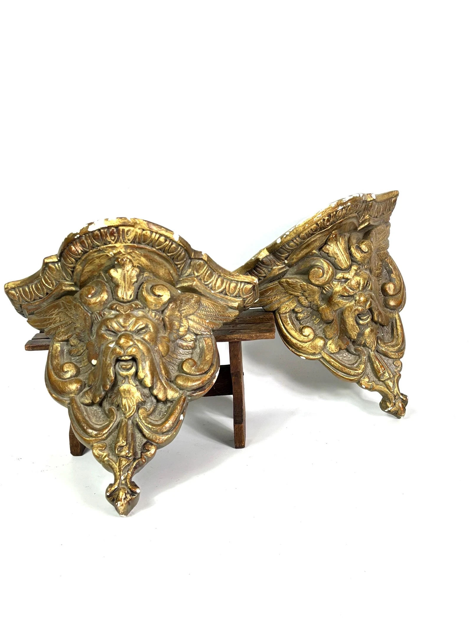 French Pair antique Gothic gargoyle platre wall pockets winged lions