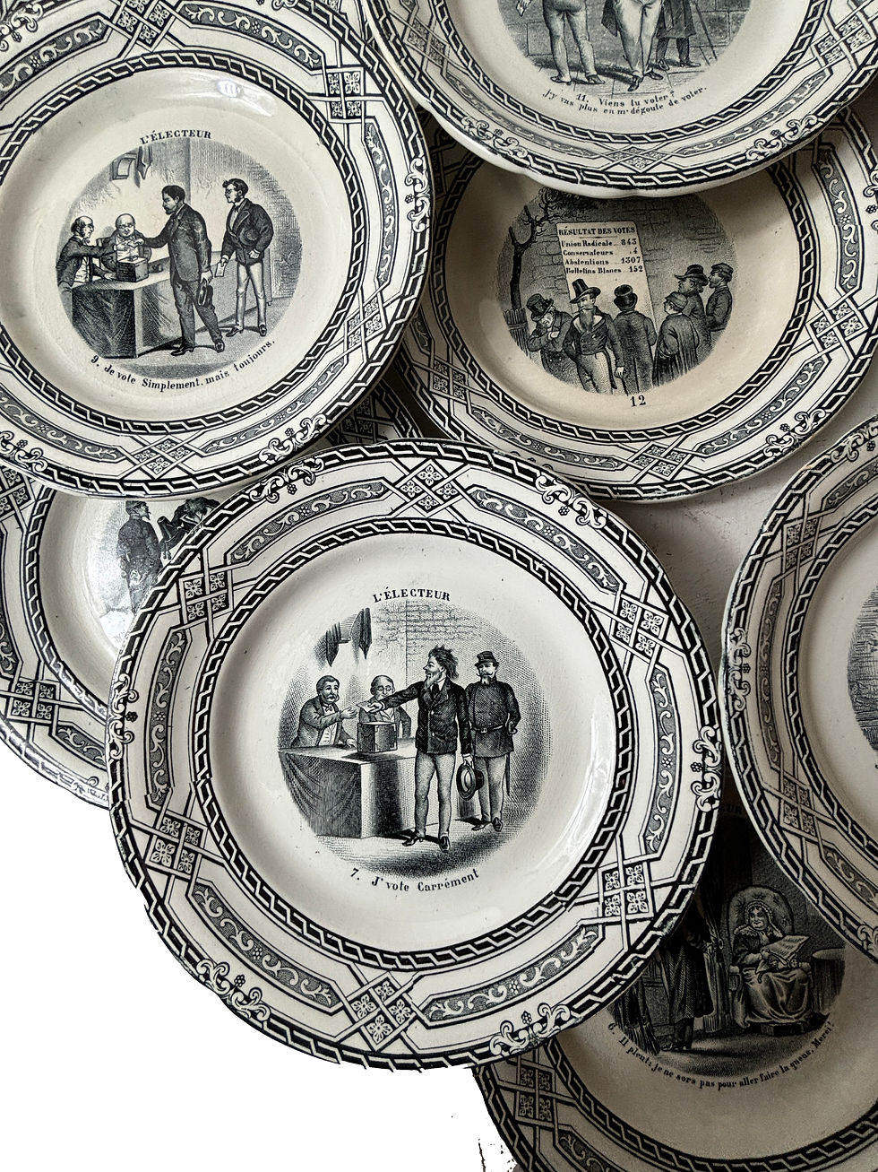 Thumbnail: 12 French antique Ironstone Choisy roi Black Picture plates L'electeur Full set