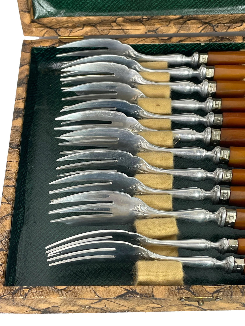 Thumbnail: French boxed Amber colour celluloid handles Gateaux Cake Pastry Forks  x 12