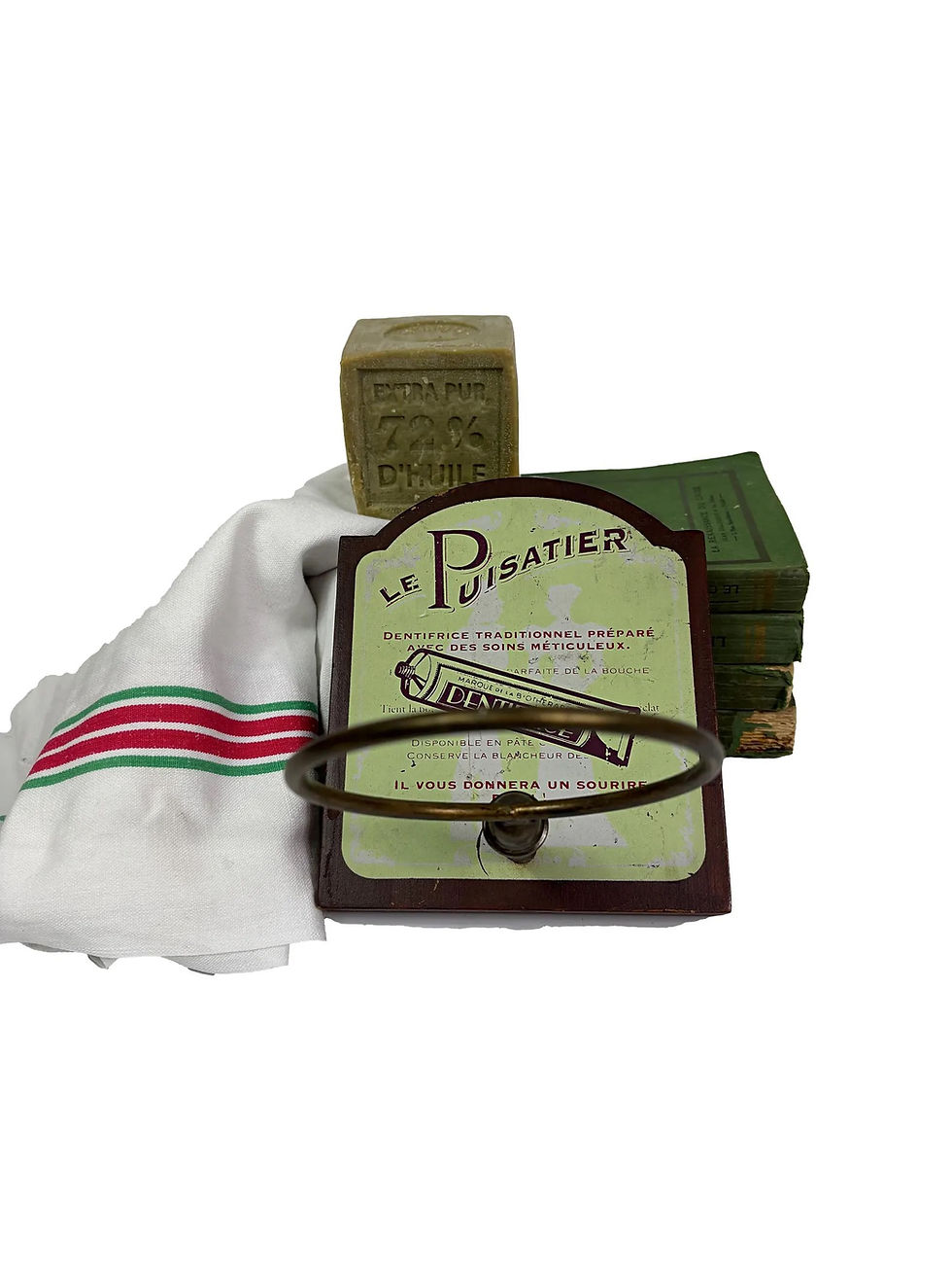 Thumbnail: French vintage advertising towel ring toothpaste metal wood mounted