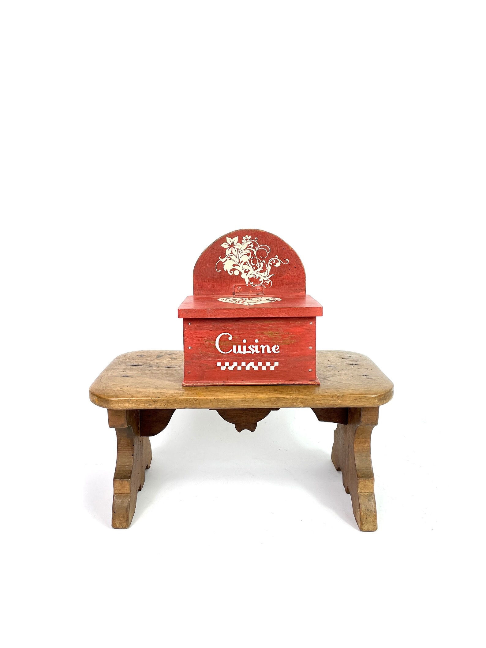 Vintage French painted wooden Salt box Boîte de Sel /Rustic red French Kitchen