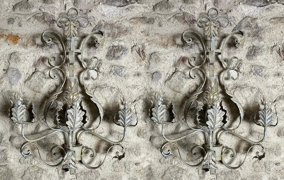 Thumbnail: PAIR of huge Grand vintage iron work painted Chateau sconces -French Grey patina