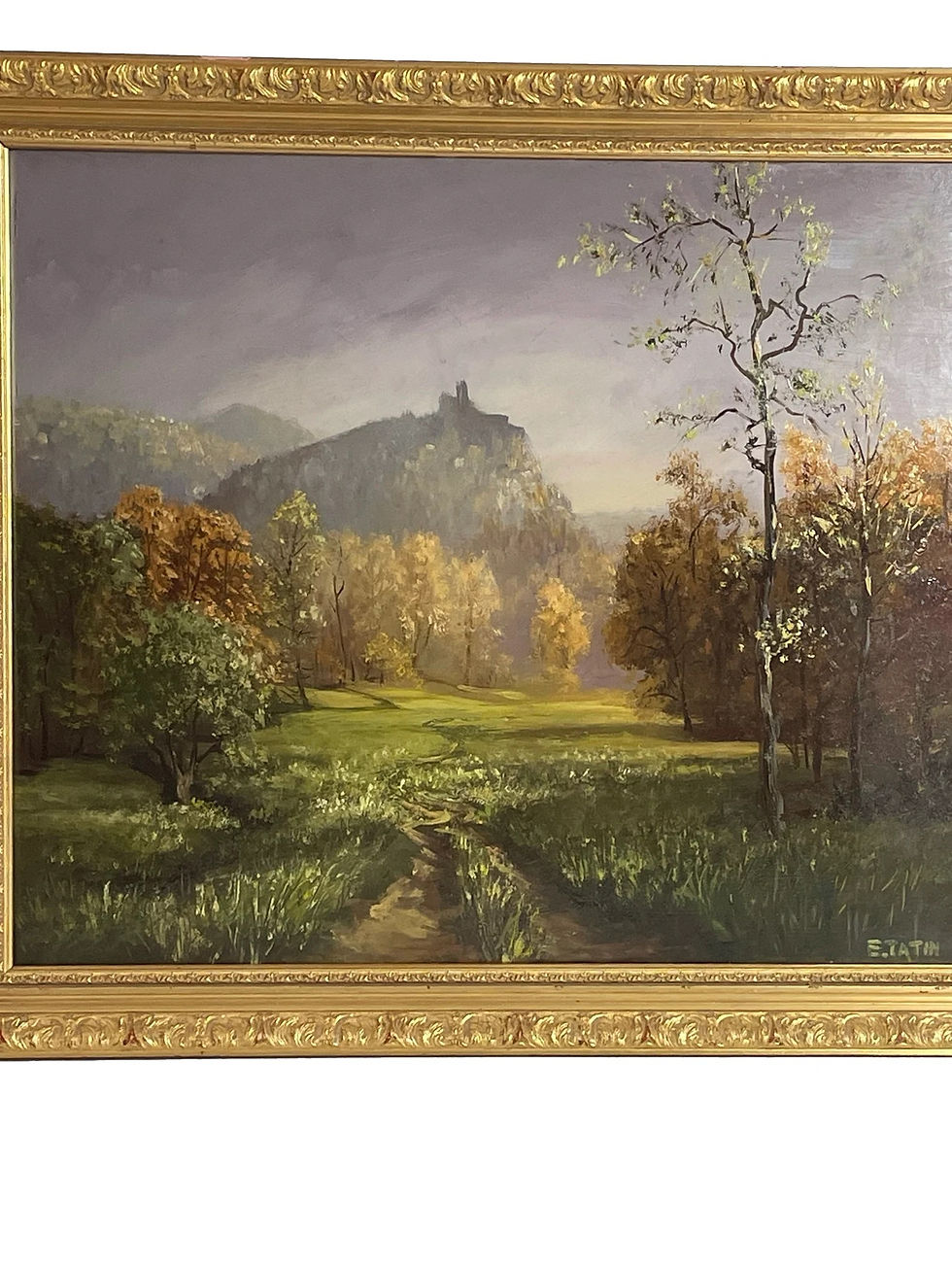 Thumbnail: French large oil on board landscape 20th century gilded wood frame Signed