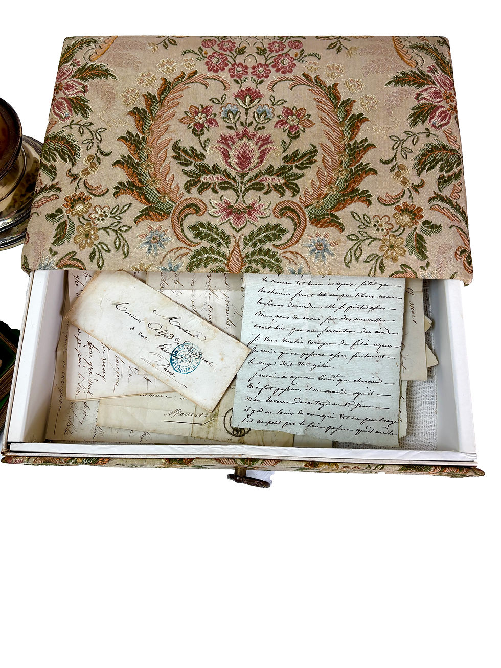 Thumbnail: French tapestry box Aubusson Paris as found with antique letters 1800's