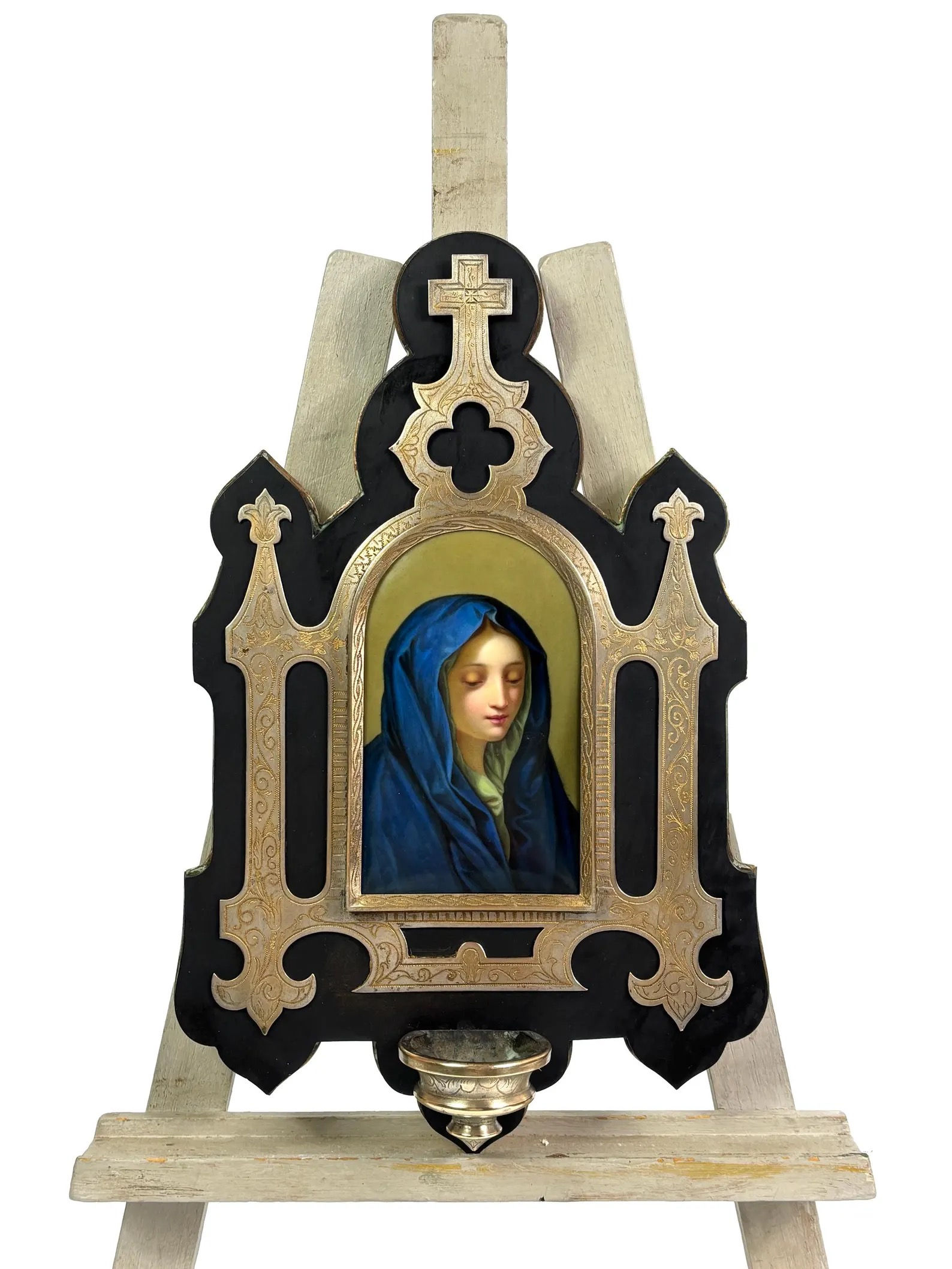 Large French bénitier porcelain plaque Madonna gilded bronze on basalt