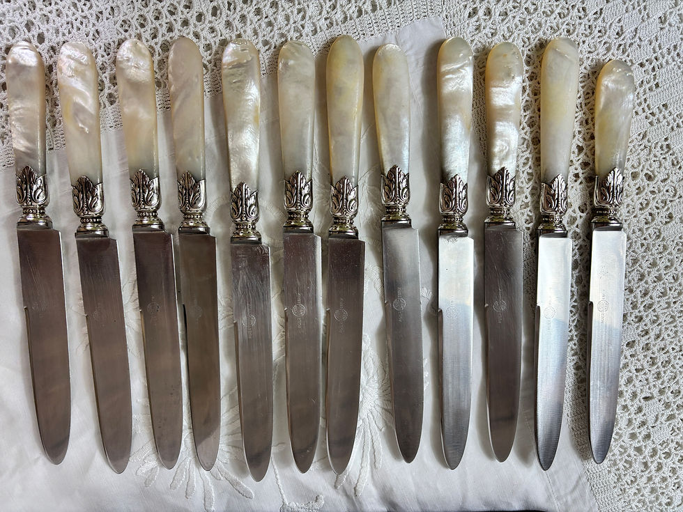 Thumbnail: 12 boxed antique French Paris knives silver ferrules mother pearl/Nacre handles