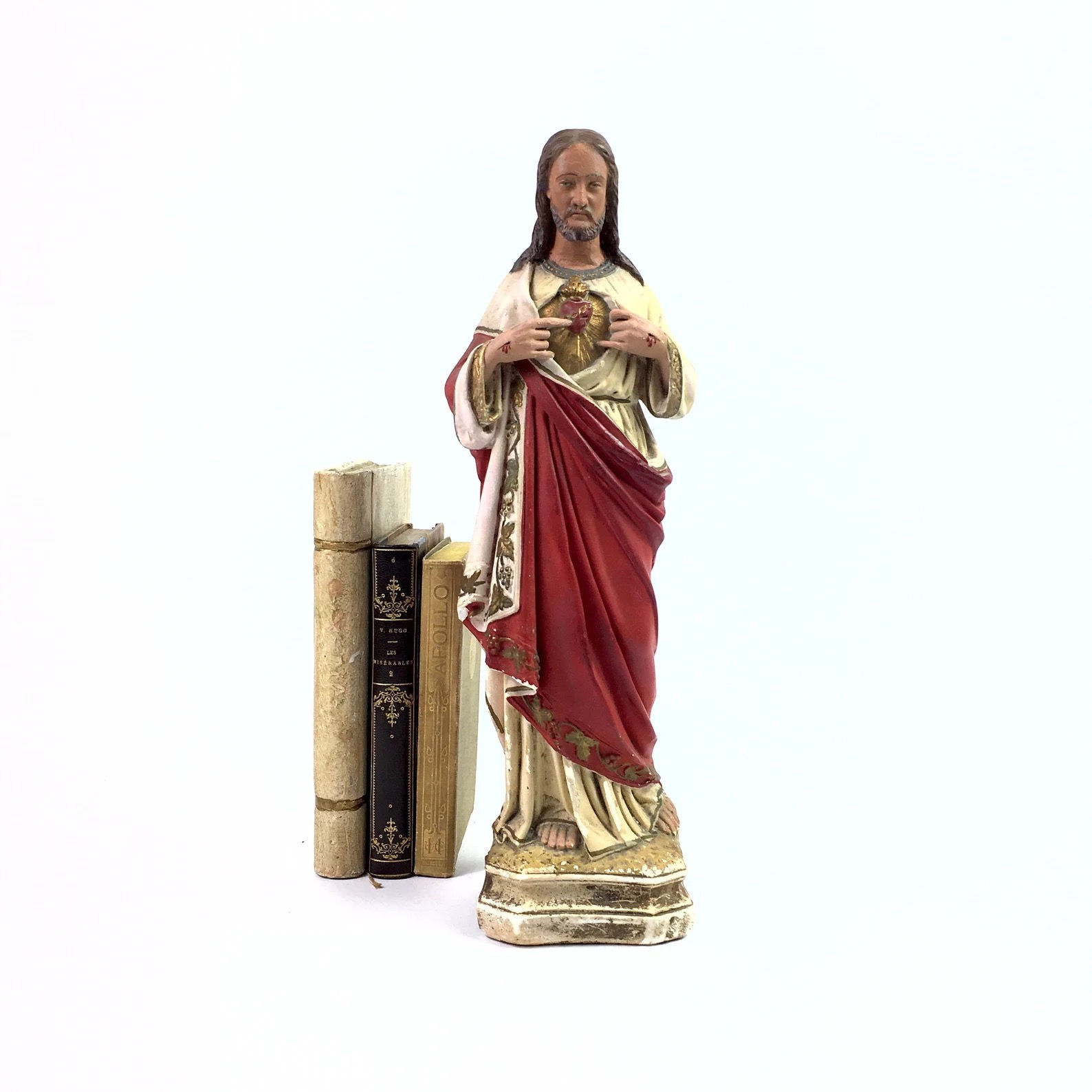 French Antique Early Plaster large 16" Chalk ware Statue Jesus Sacred Heart