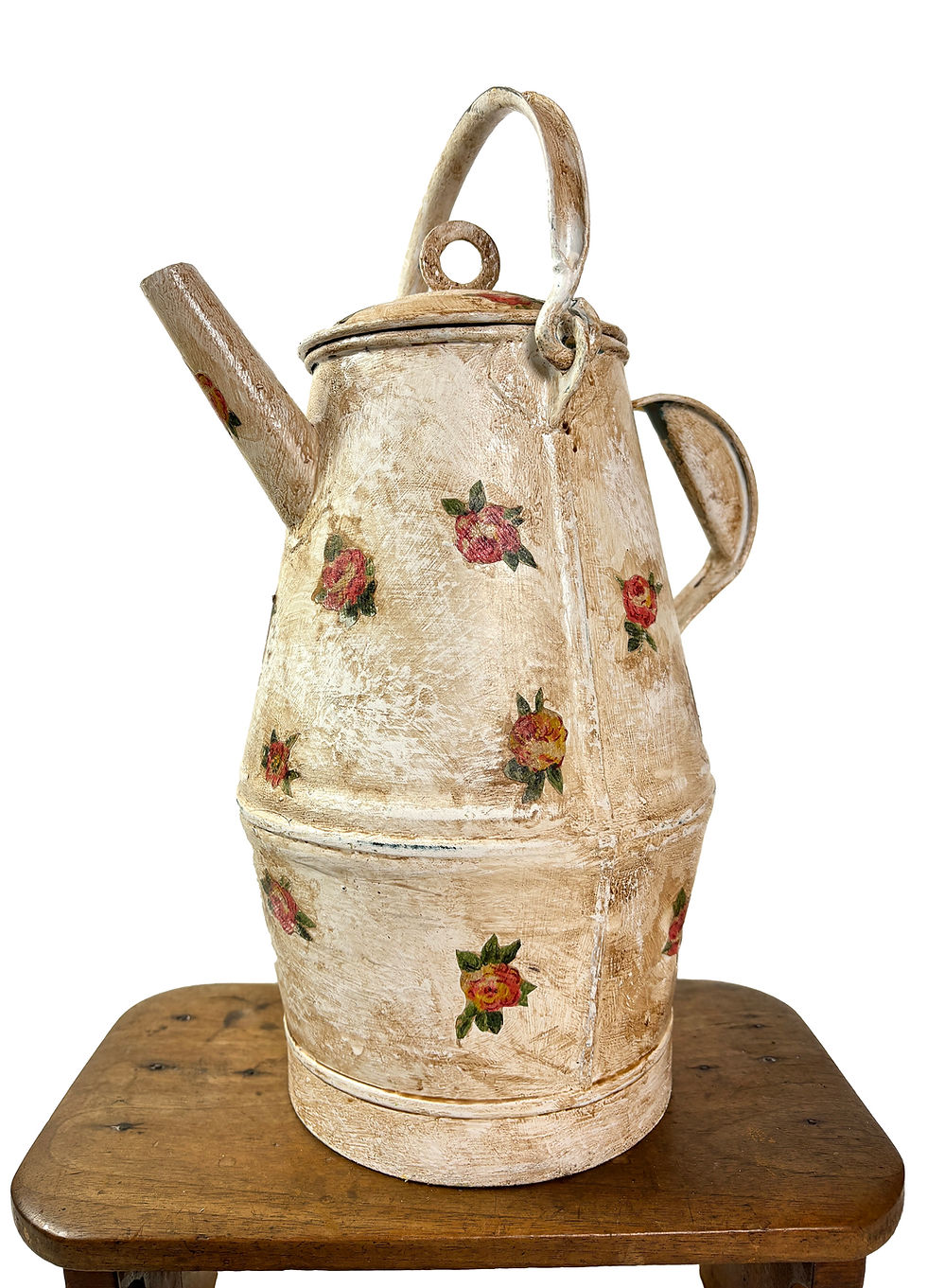 Thumbnail: Antique French large water can painted zinc decoupage roses
