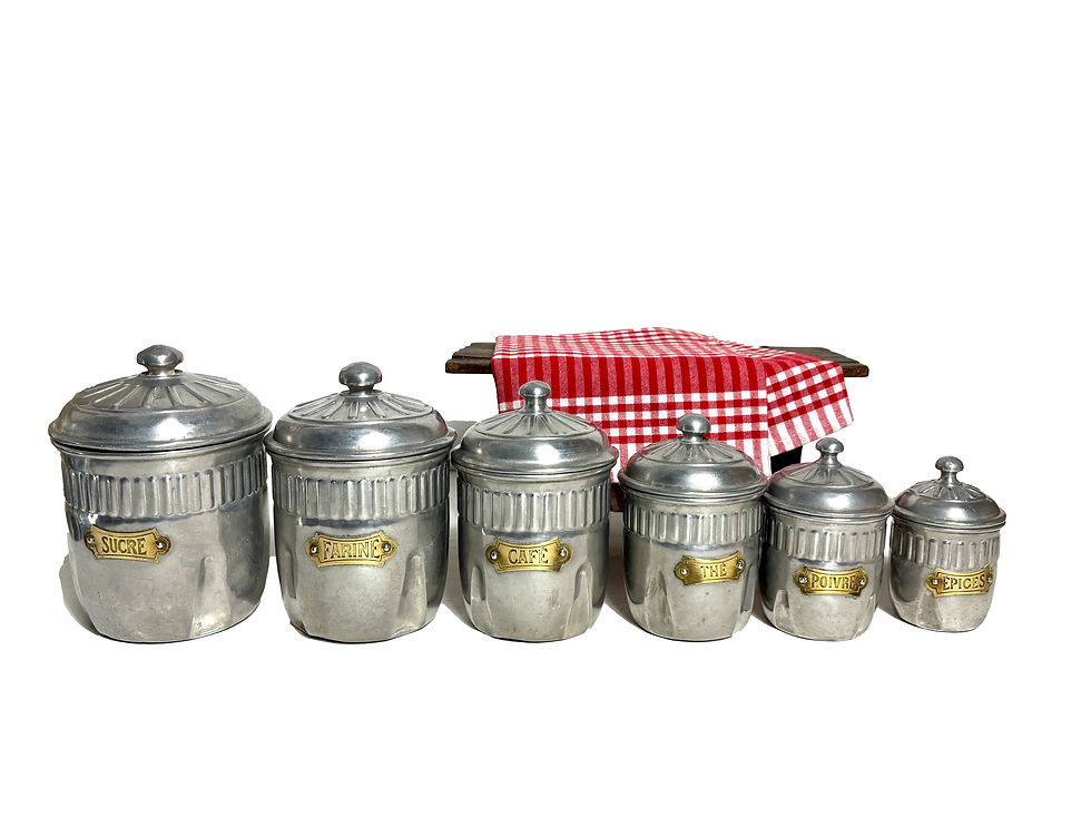 Thumbnail: Full set French aluminium antique kitchen canisters brass labels