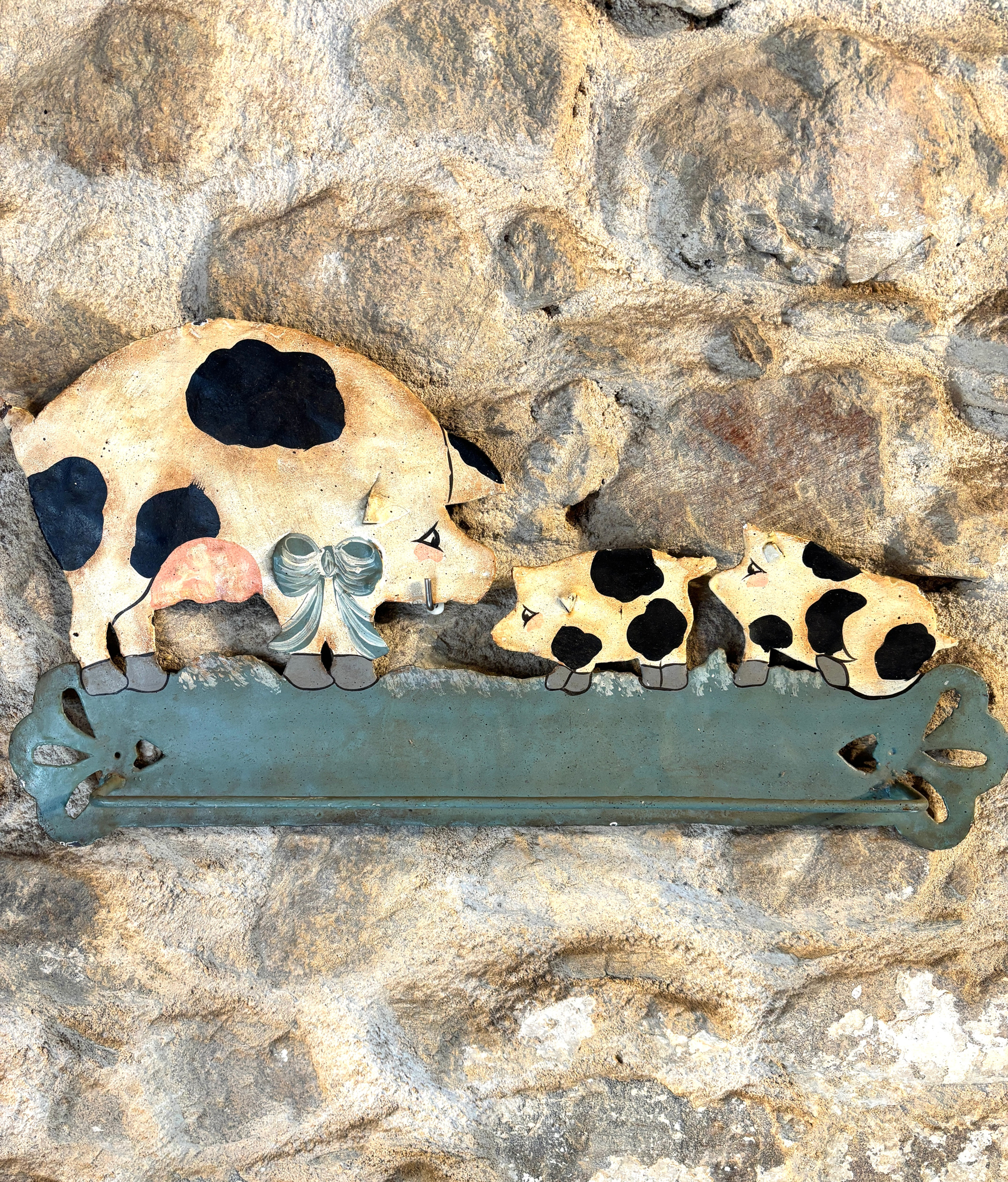 Primitive French antique utensil towel rail Pigs tole ware - folk art