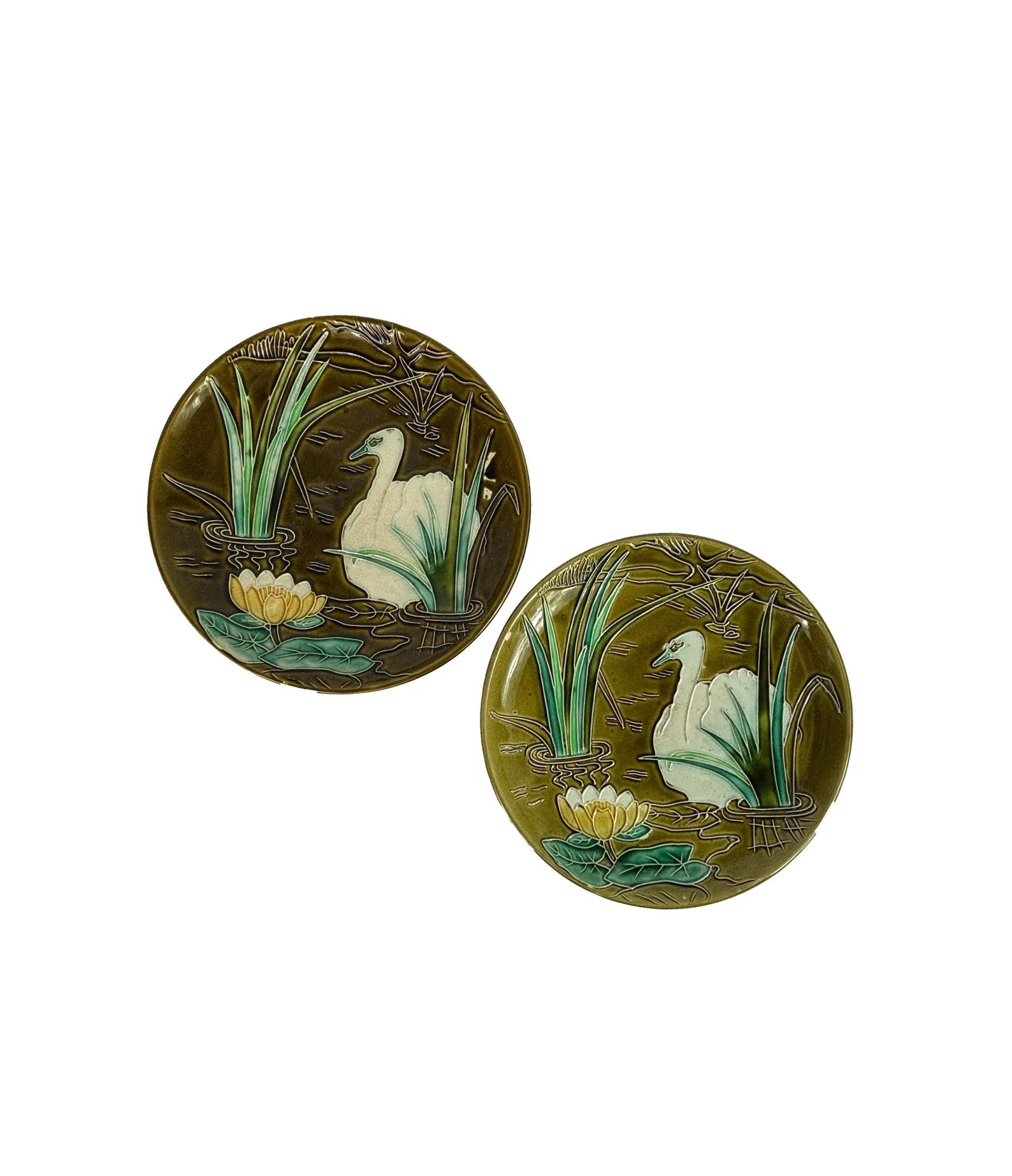 Pair Large decorative French Majolica Swan platters 1900 antique Art Nouveau