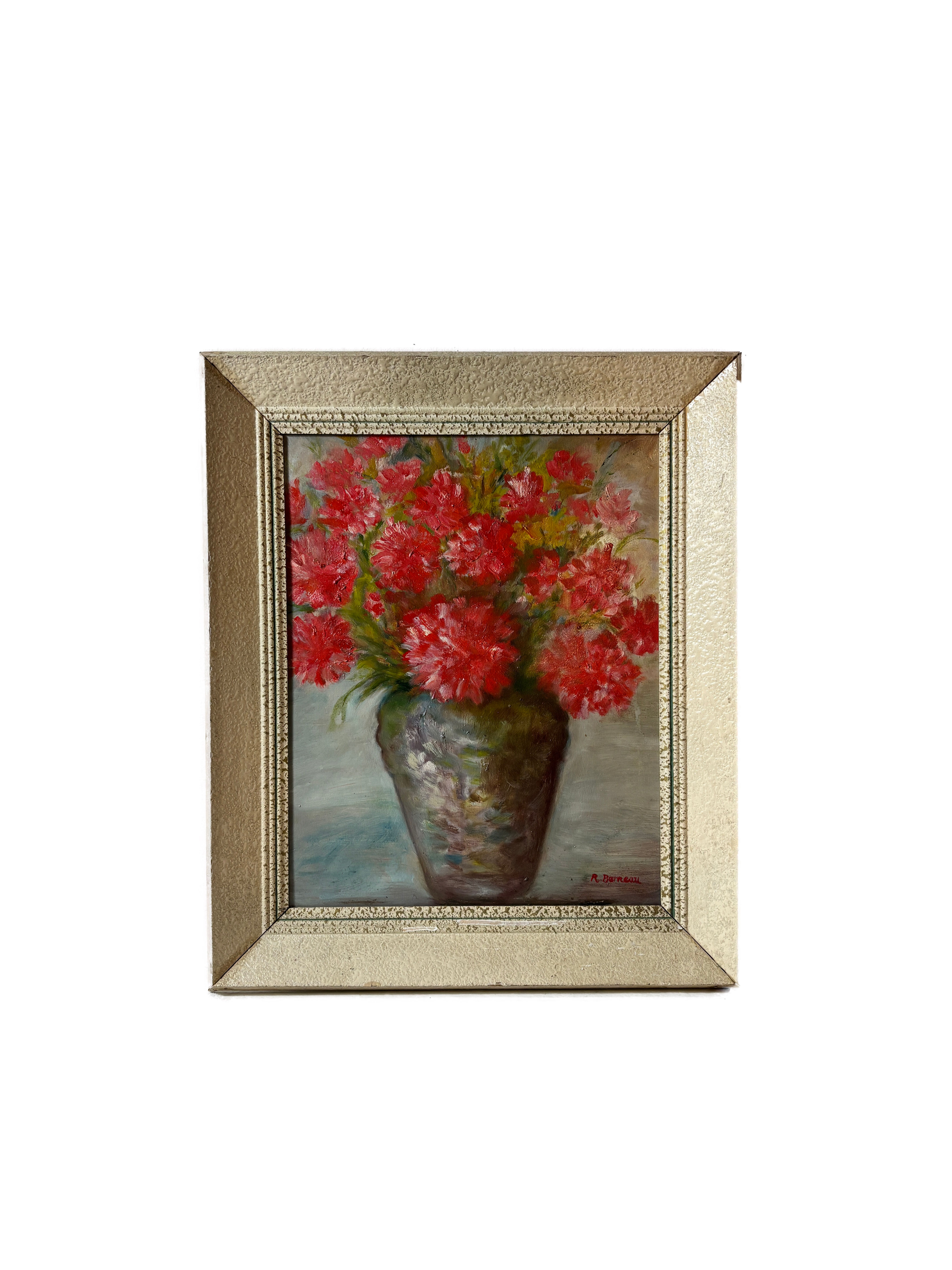French Still life Vase of dahlias oils on board, original wood frame signed