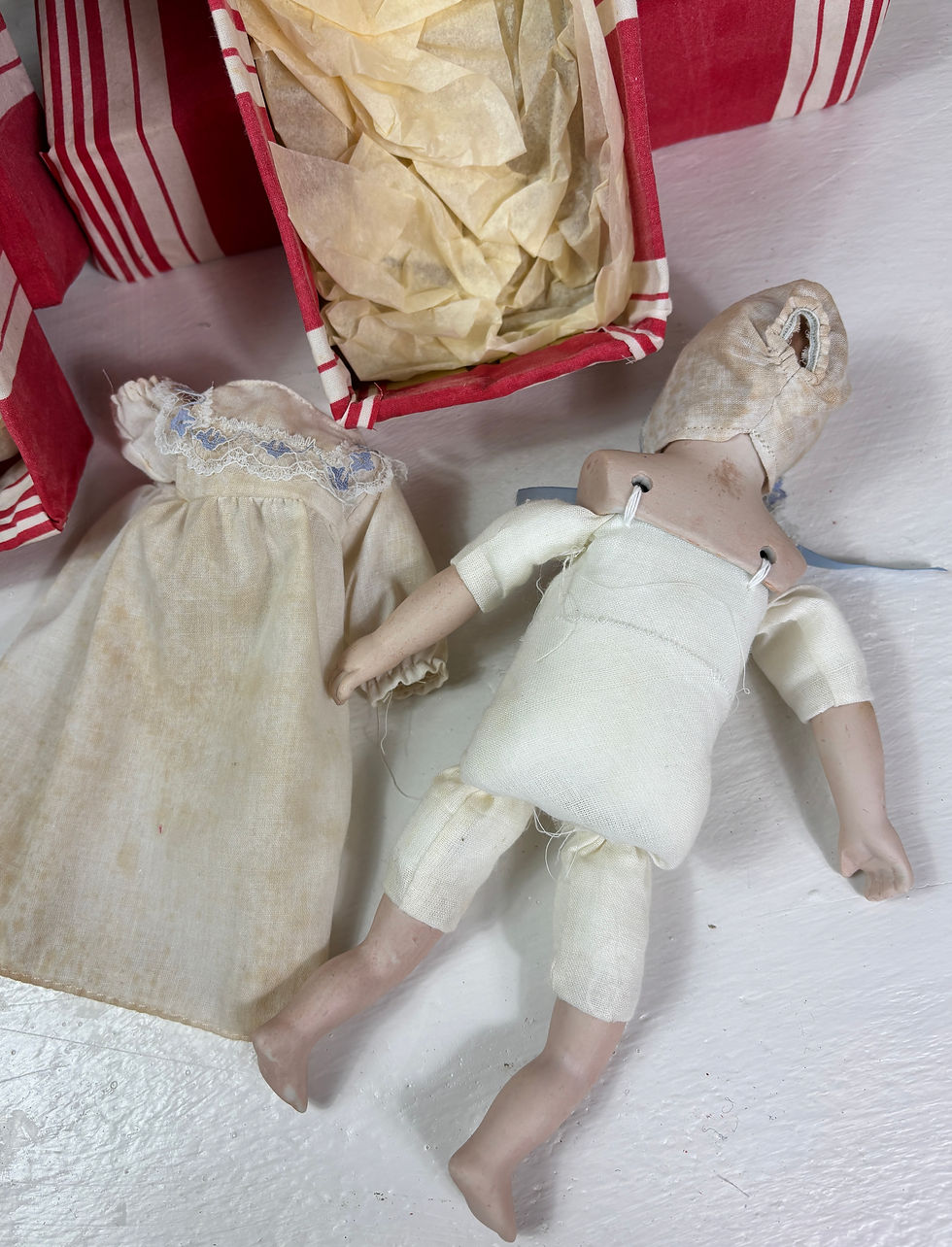Thumbnail: PAIR French porcelain cloth dolls in original boxes Sailor /Baby