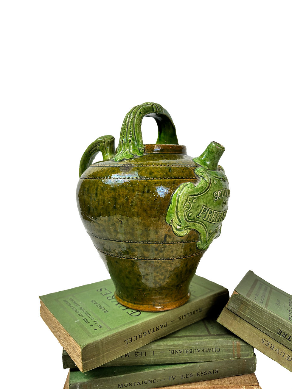 Thumbnail: French Antique Green glazed cruche jug Prefailles souvenir stoneware