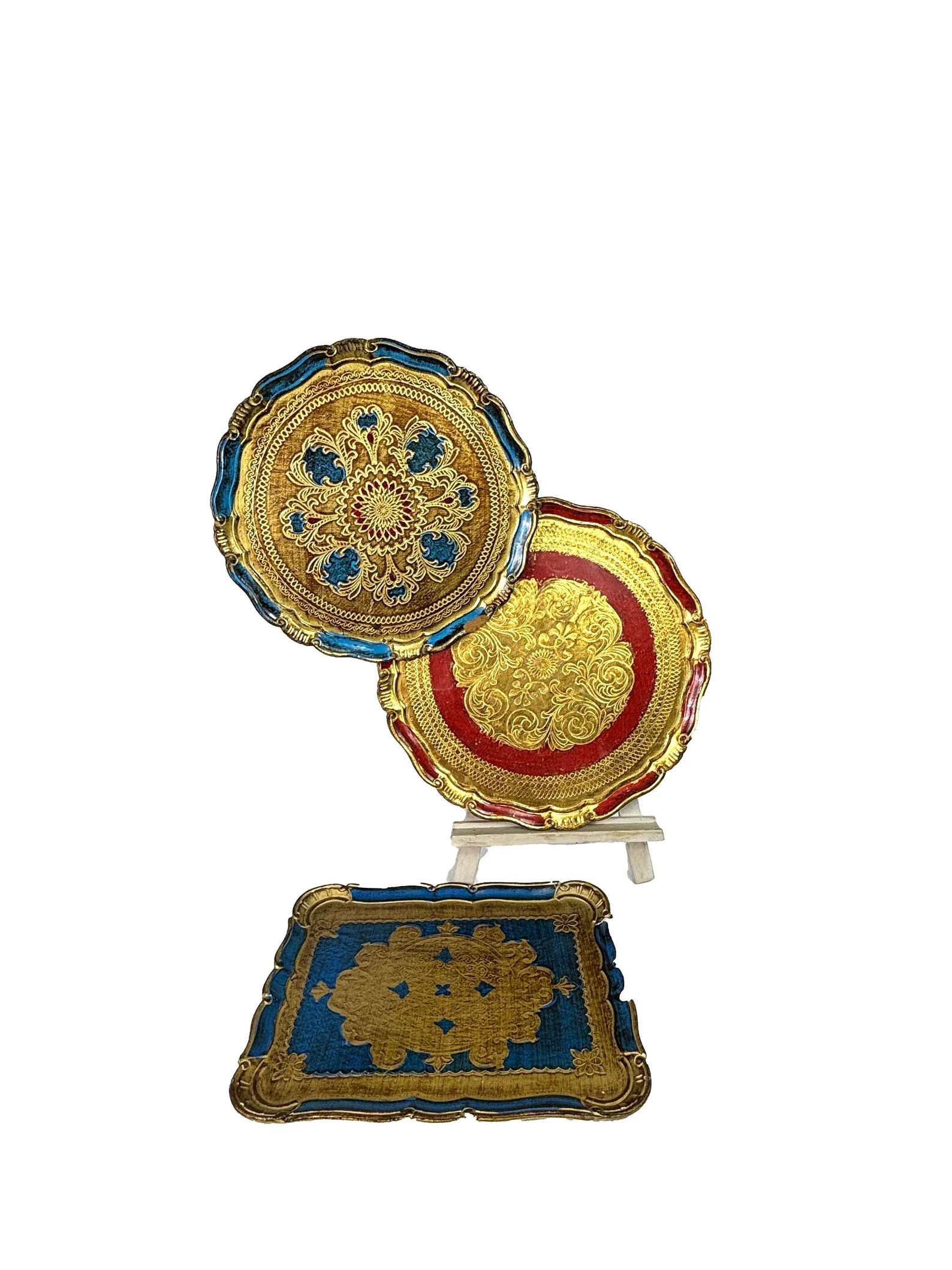 A trio 3 vintage Florentine Italian Wood large trays 1950's Red Blue & Gold