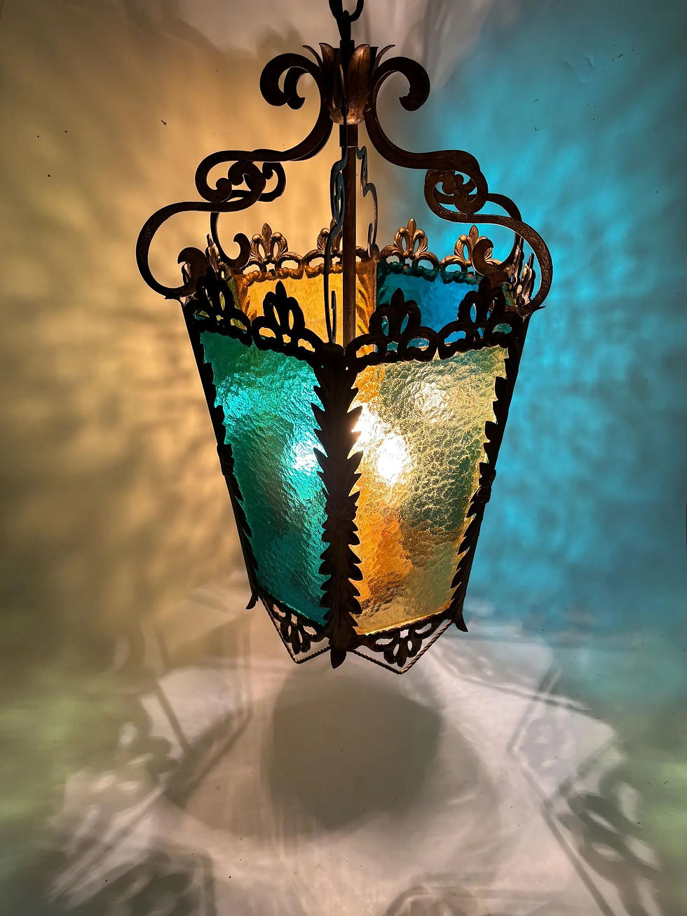 Thumbnail: French large antique tole ware lantern original colour glass fleur de lys