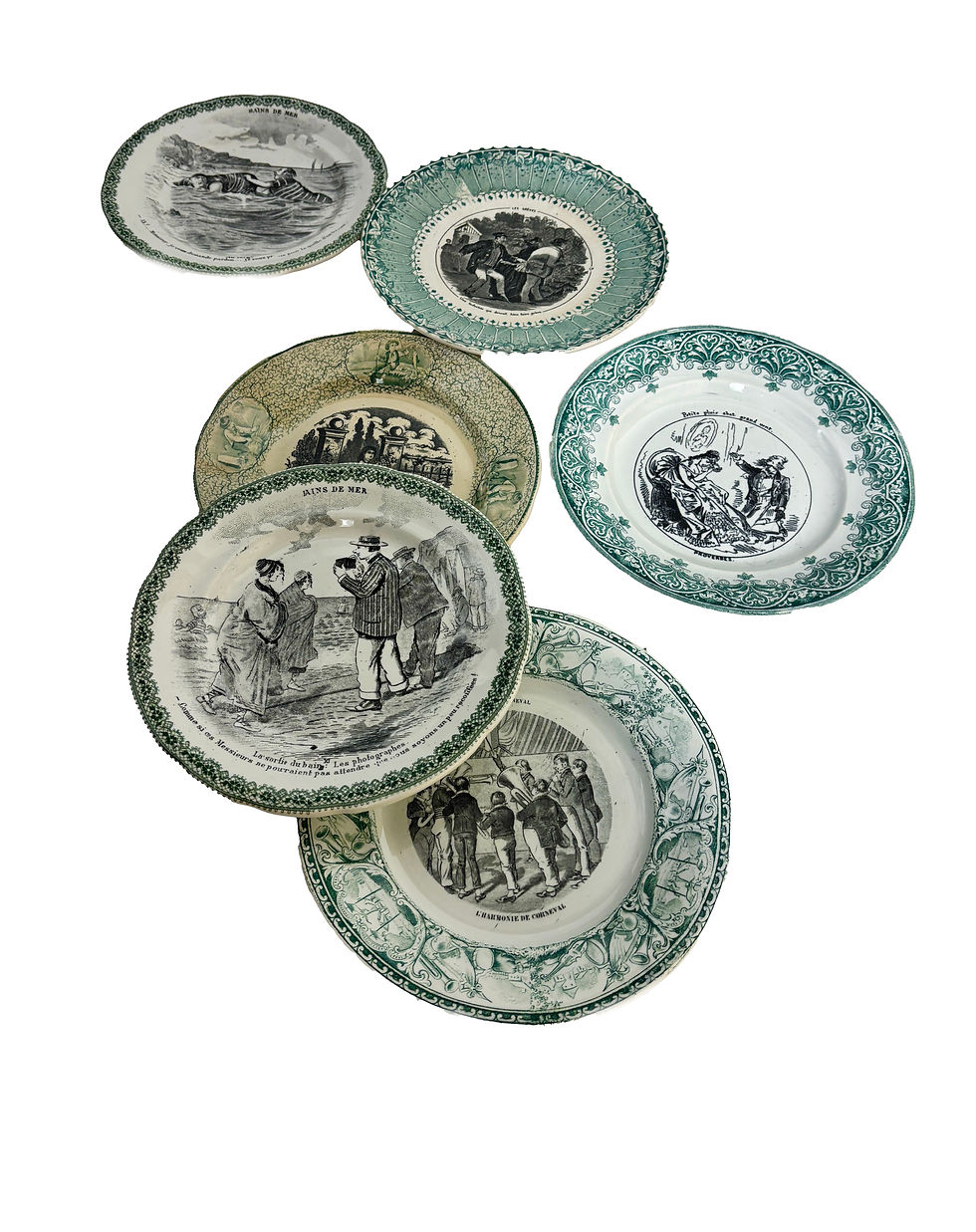 Thumbnail: 6 French antique curated  Green picture plates 19th cent