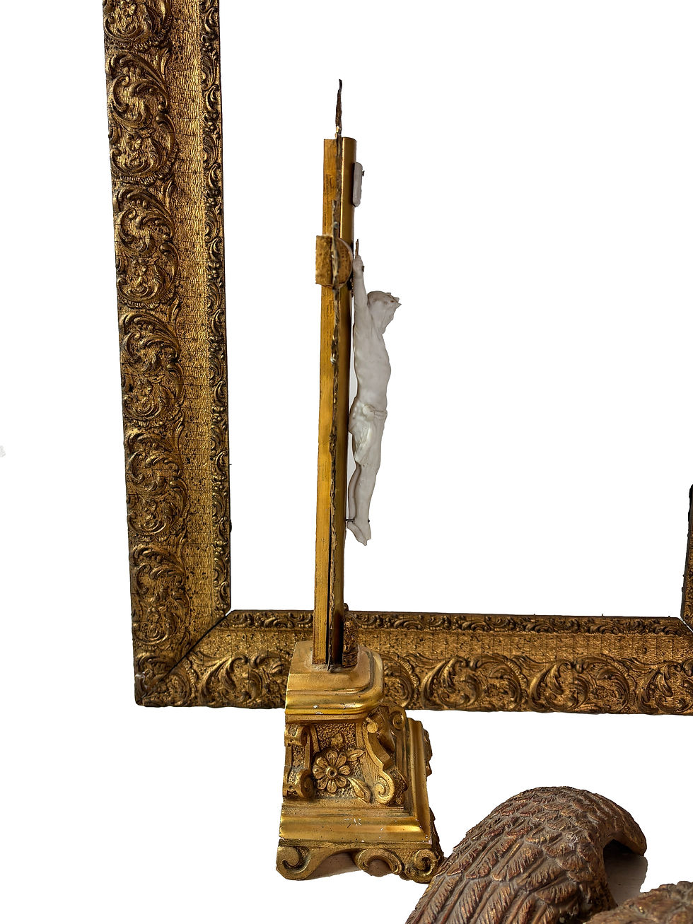 Thumbnail: Antique French Grand Altar Crucifix Gilded wood 1880's gold filigree work bisque