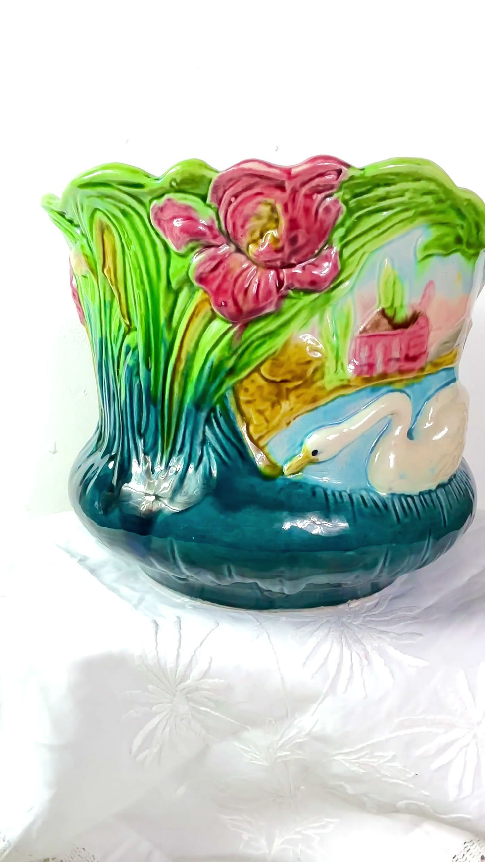 Thumbnail: Antique French Majolica Barbotine HUGE Planter Cache-Pot Art Nouveau Swans