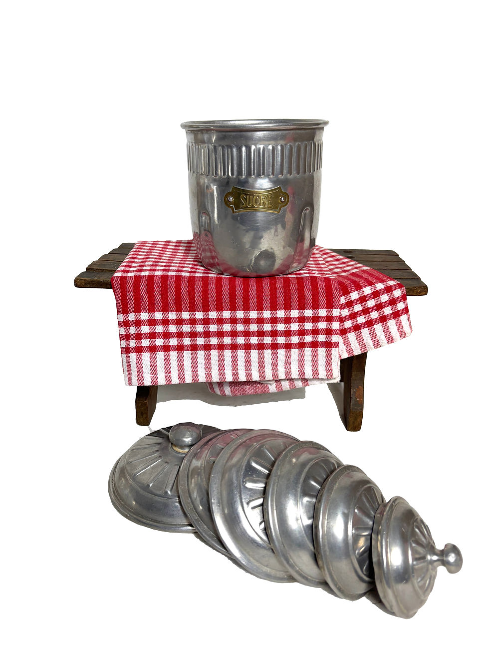 Thumbnail: Full set French aluminium antique kitchen canisters brass labels