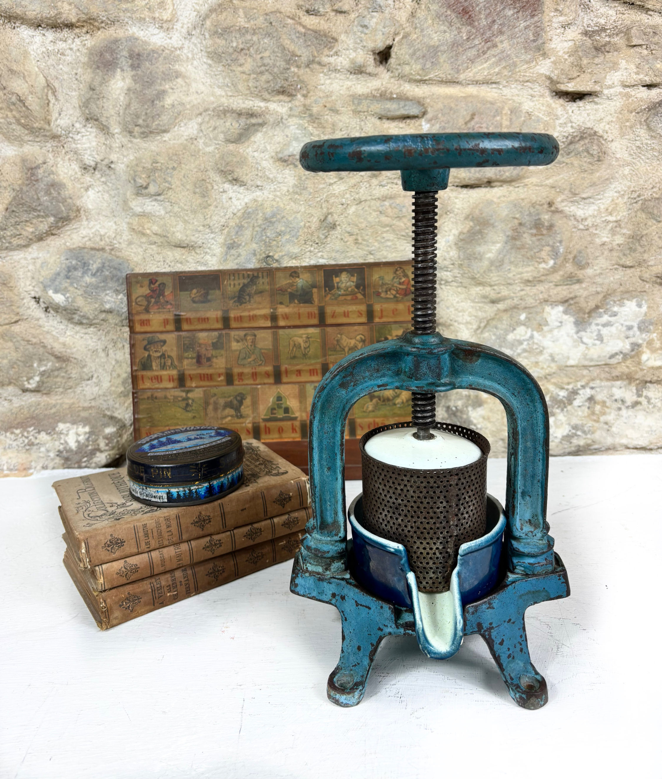 French antique duck lobster press aqua & midnight enamel 1800