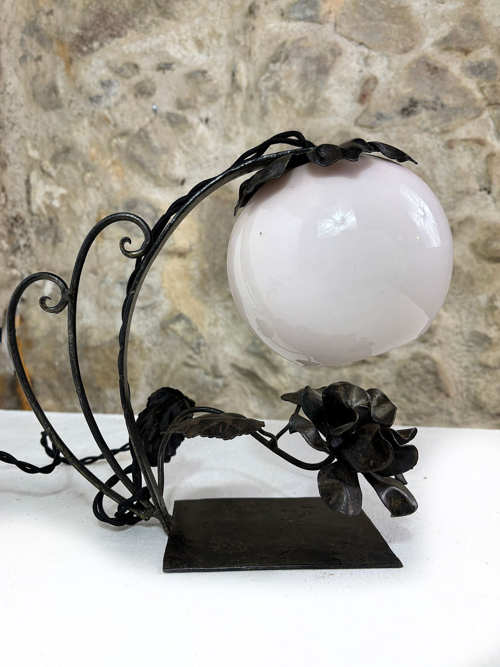 Thumbnail: French brutalist iron floral globe desk table lamp - fully rewired silk