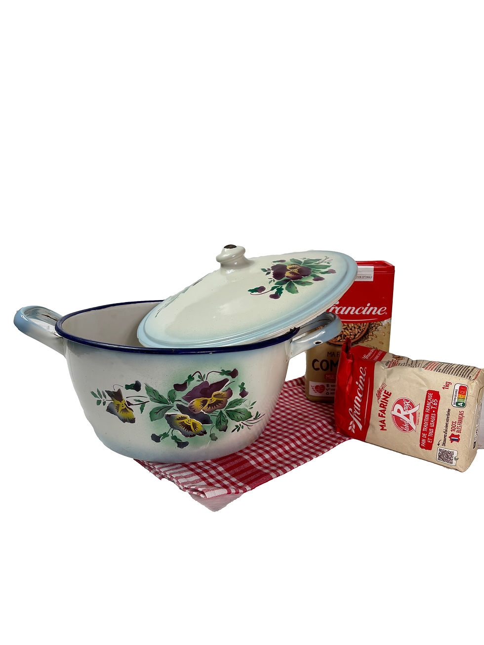 Thumbnail: HUGE French antique enamel lidded pot casserole tureen Pansies