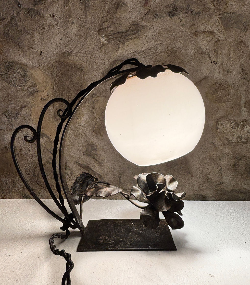 Thumbnail: French brutalist iron floral globe desk table lamp - fully rewired silk