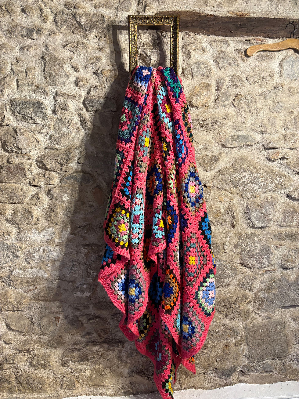 Thumbnail: Vintage crochet quilt Granny square blanket-large size wool mix