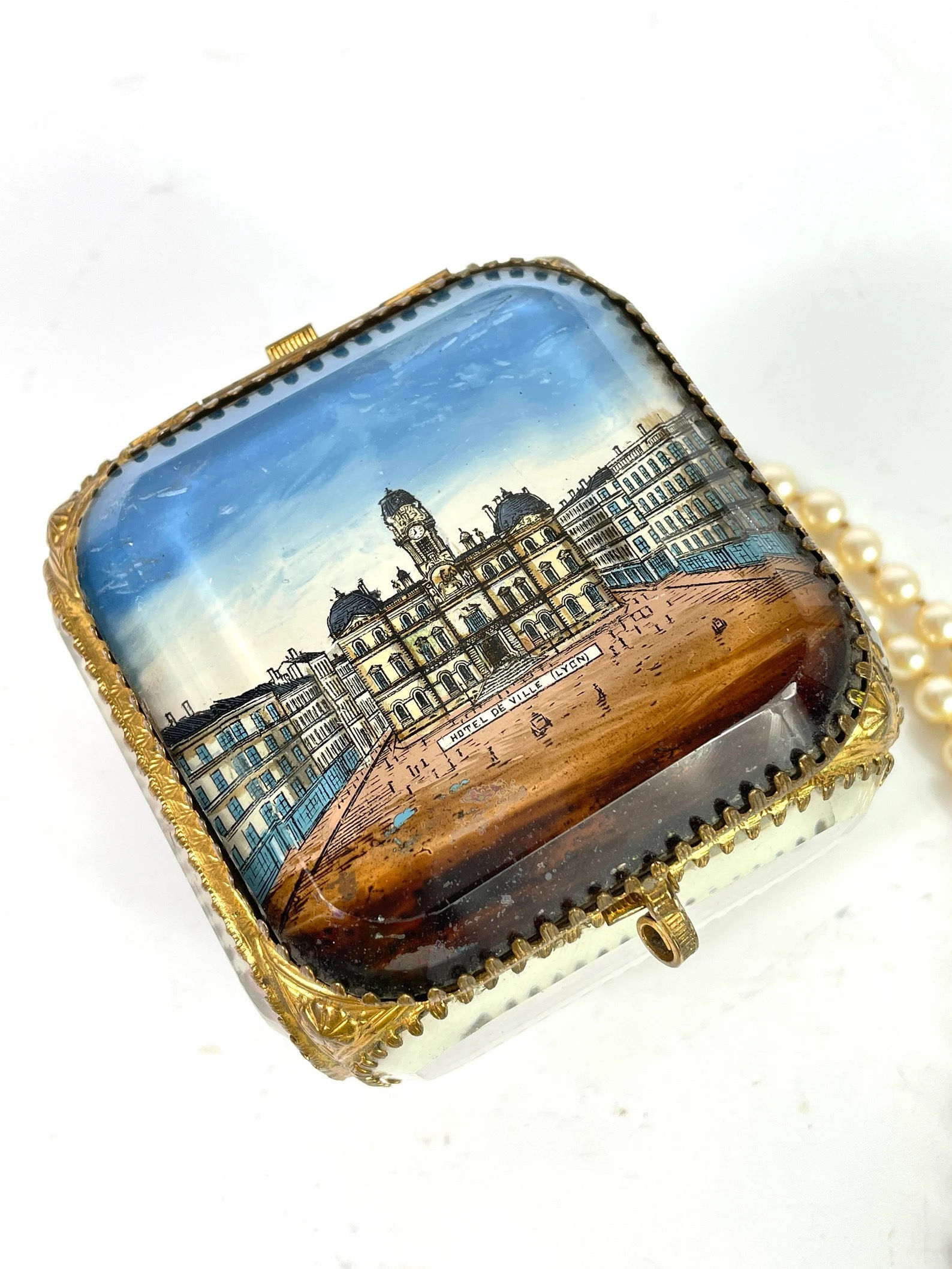 Large French Antique 19th.C Glass Hotel de ville Lyon Ormolu Jewellery box rings
