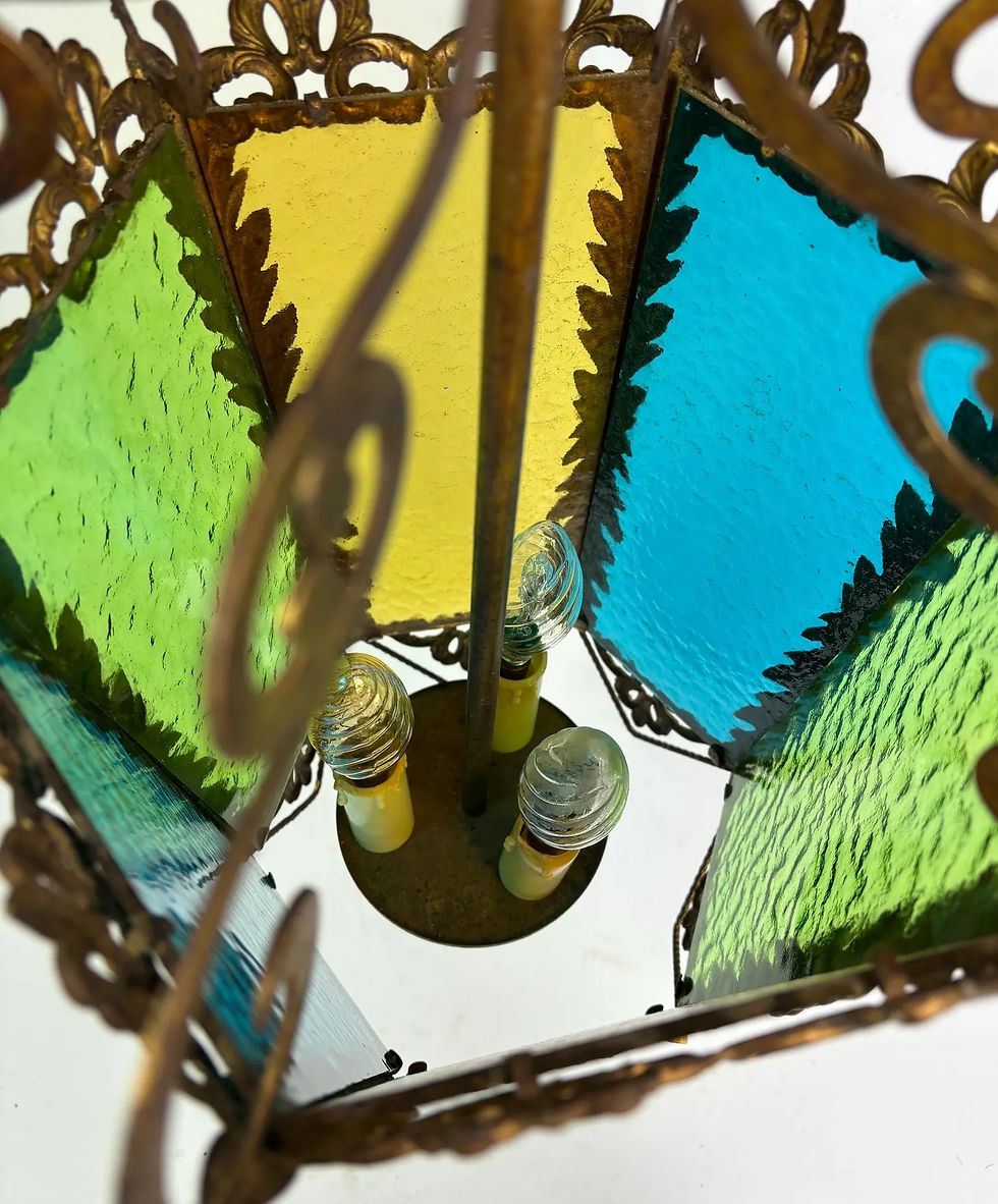 Thumbnail: French large antique tole ware lantern original colour glass fleur de lys