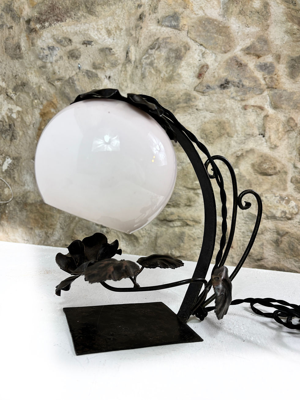 Thumbnail: French brutalist iron floral globe desk table lamp - fully rewired silk