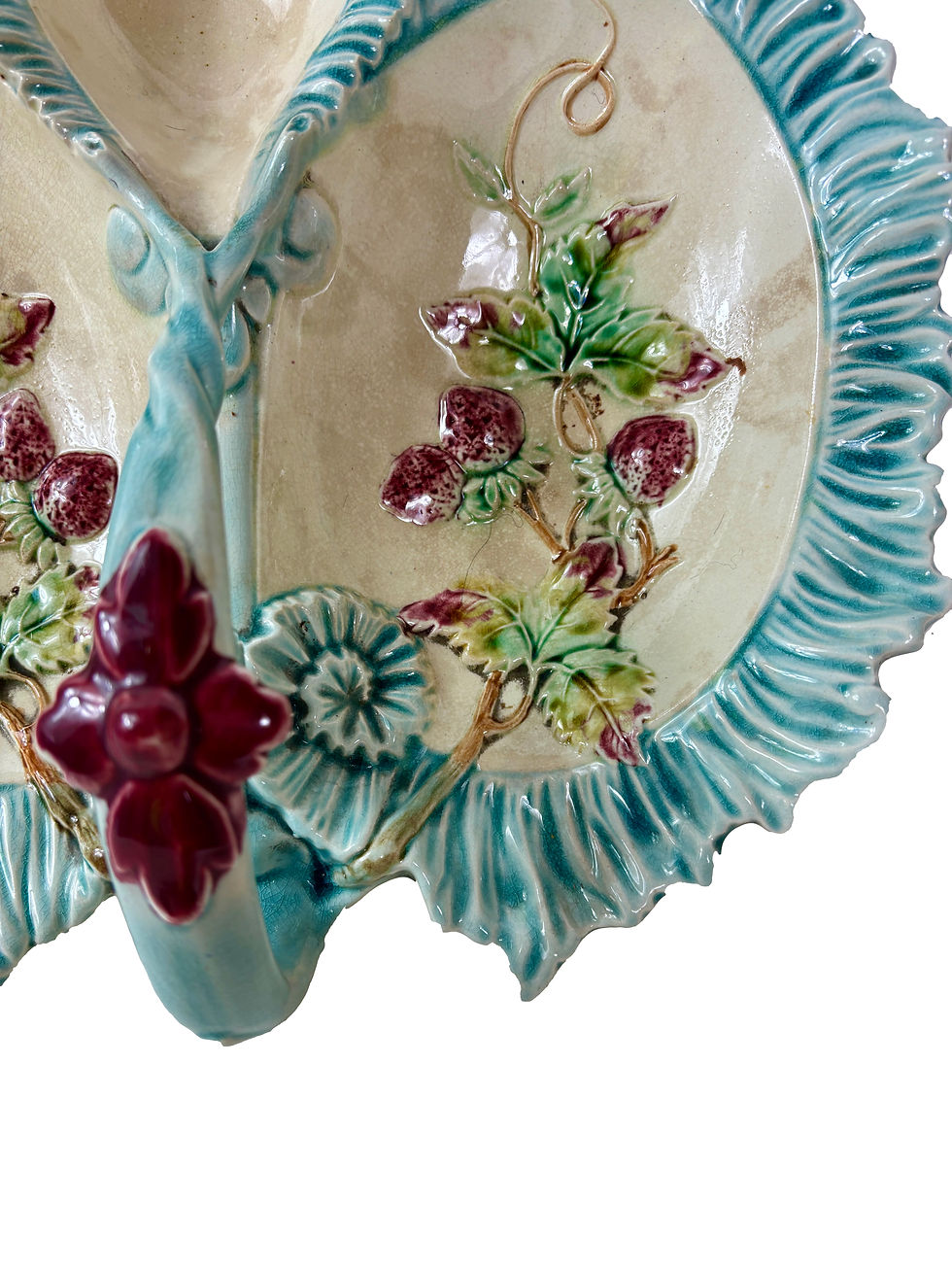 Thumbnail: Antique French handle Serving Dish Majolica Barbotine 1875 strawberries