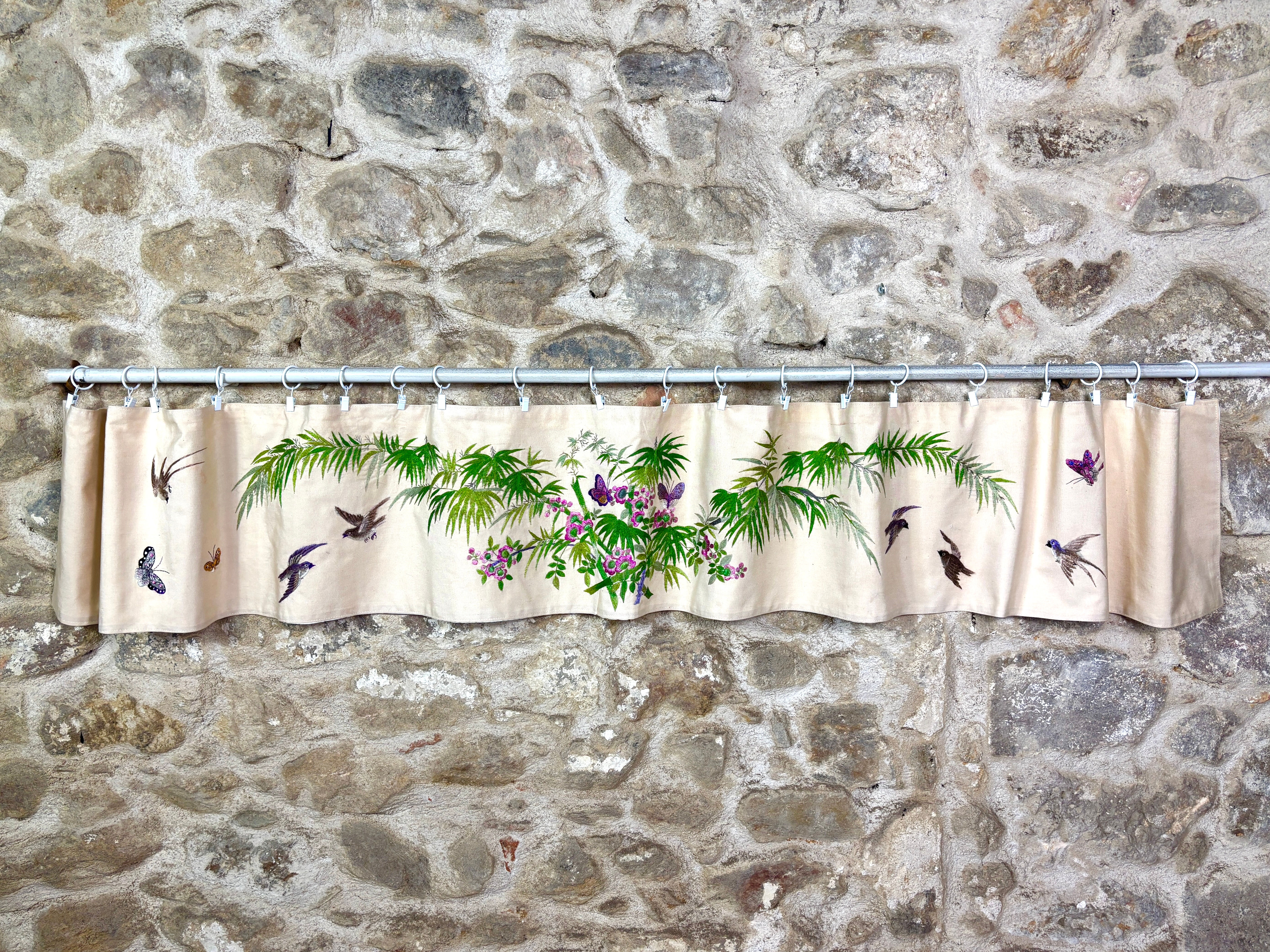 Antique French pelmet chinoiserie panel silk hand embroidery 210cms