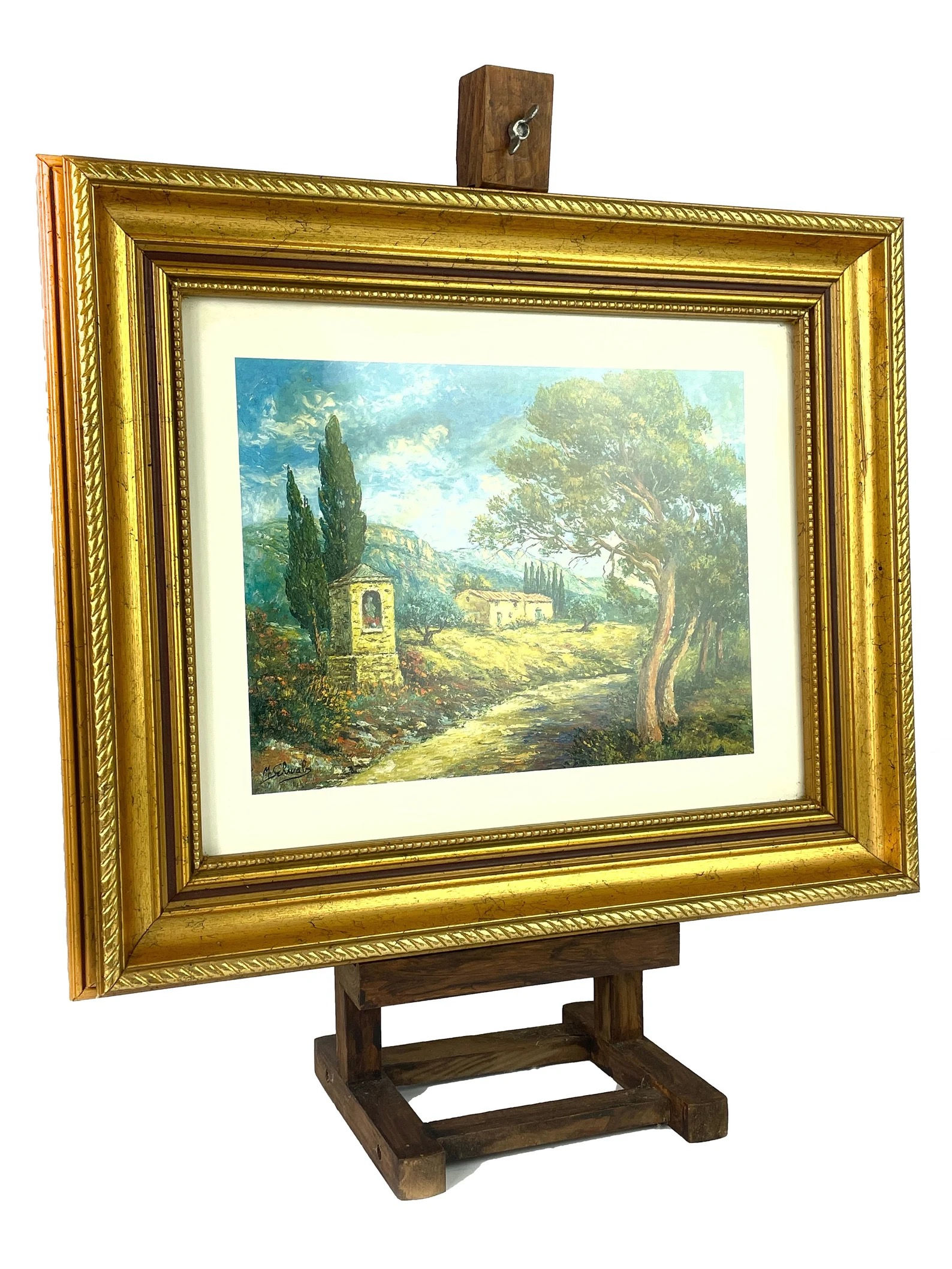Framed French vintage print Maurice Schwab Provencal countryside under glass