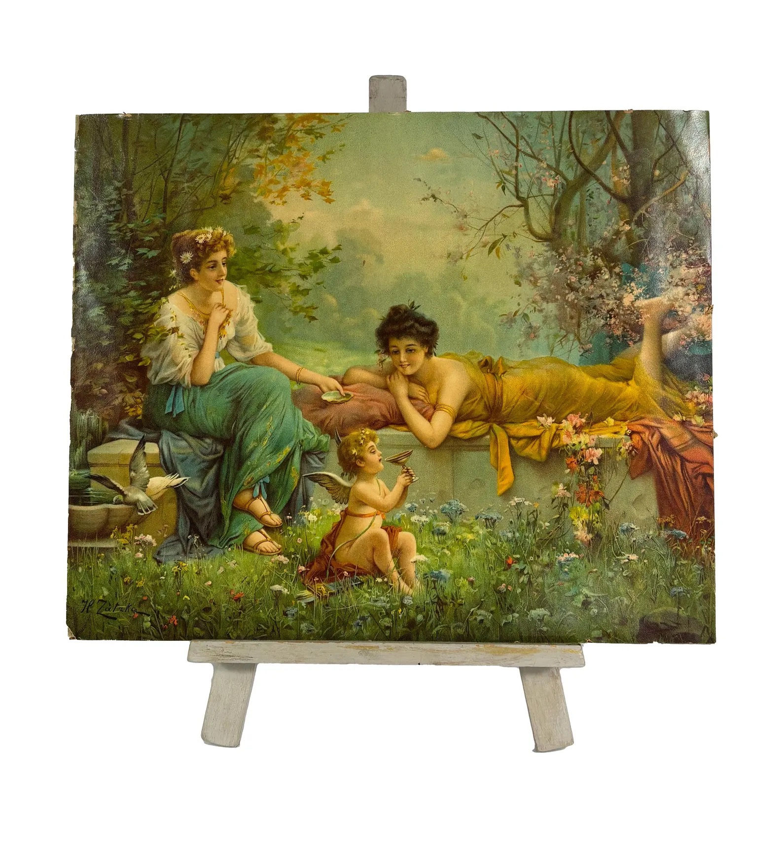 French antique large original Chromolithograph H. ZATZKA cupid /Putti