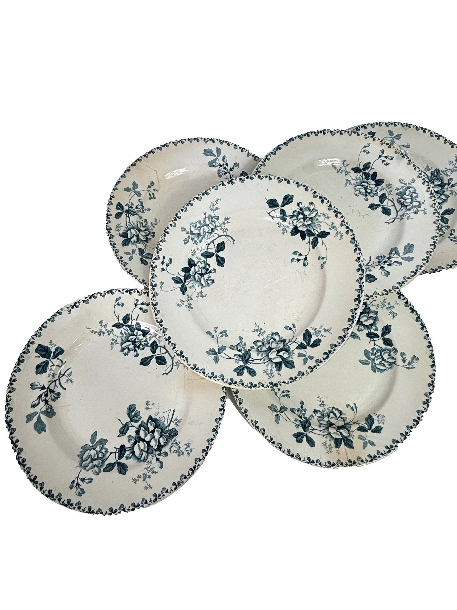 6 French Ironstone Acacia Blue Floral Dessert plates Saint Amand