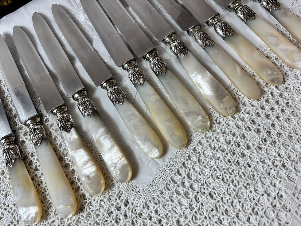 Thumbnail: 12 boxed antique French Paris knives silver ferrules mother pearl/Nacre handles