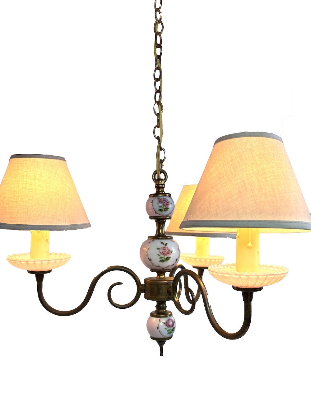 French 3 bulb porcelain milk glass cups chandelier pink roses with shades