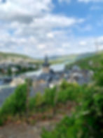 View from a hillside vineyard overlooking the town of Bernkastel-Kues, Germany, with a church steeple, Ferris wheel, and the Mosel River winding through the valley, surrounded by green hills under a partly cloudy sky.