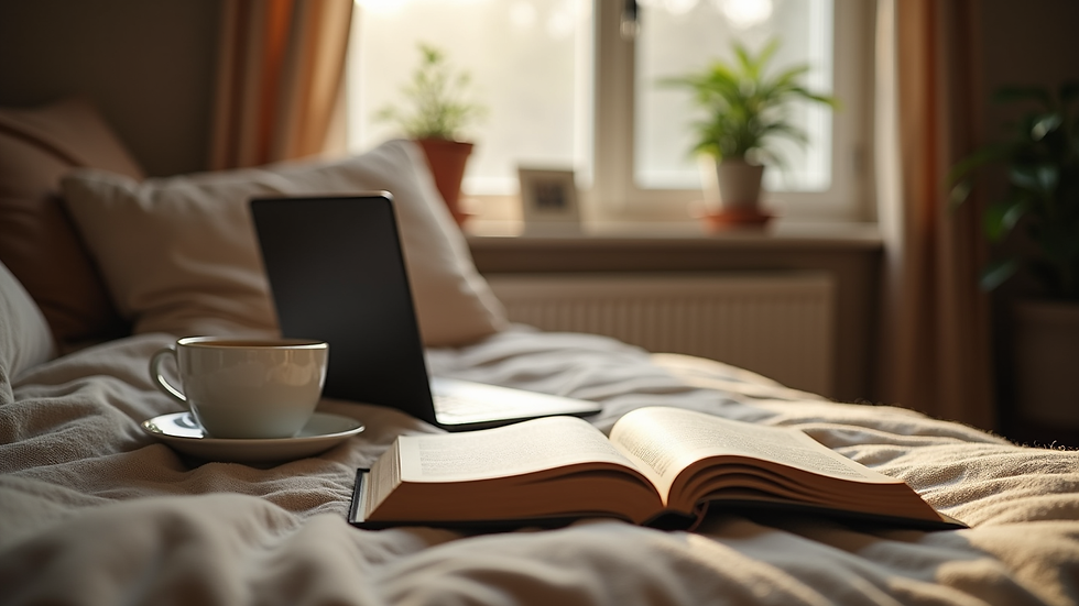 Eye-level view of a cozy reading nook with a laptop and a cup of tea