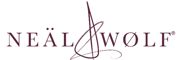 Stylized logo reading "NEÄL & WØLF" in elegant maroon script on a white background, featuring abstract lines between the words.