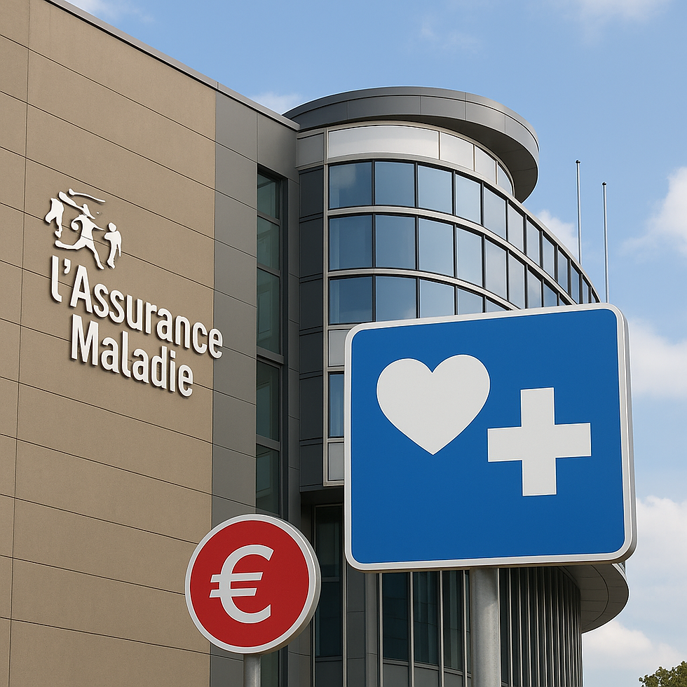 Façade moderne de l’Assurance maladie avec des panneaux symbolisant la santé et la gestion financière, illustrant les efforts de maîtrise des dépenses de santé en 2025.