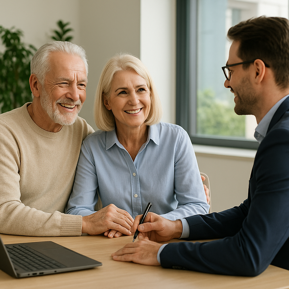 Un couple senior souriant discute avec un conseiller en assurance dans un bureau moderne et lumineux, illustrant une offre d’assurance emprunteur adaptée aux besoins des plus de 50 ans.