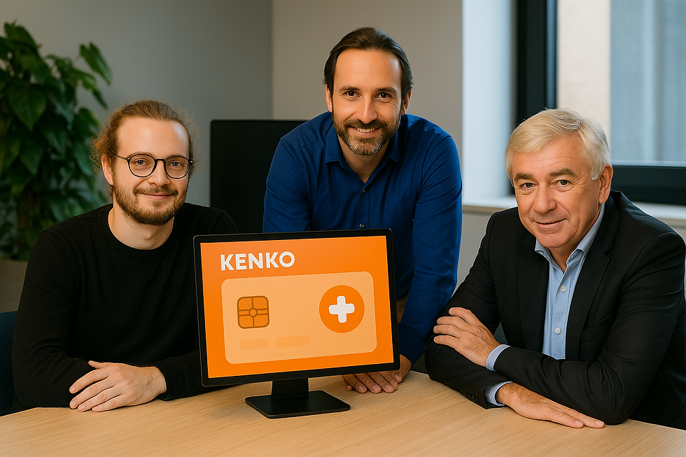 Les trois cofondateurs de Kenko posent dans un bureau moderne devant un écran affichant une carte santé stylisée sans texte, symbolisant l’innovation dans la santé et la prévoyance collective.