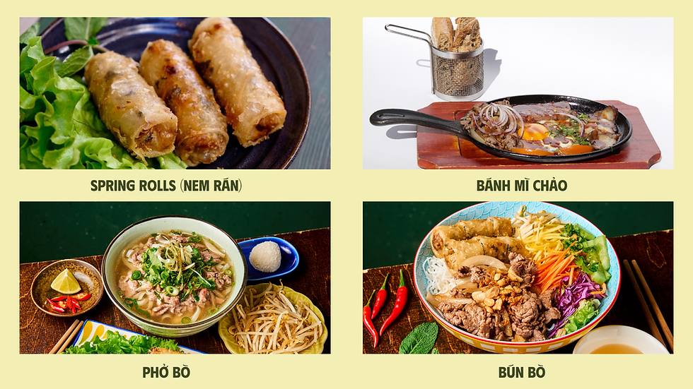 Signature Vietnamese dishes at Hanoi 1988 Paris, including spring rolls, pho bo, bun bo, and bánh mì chảo
