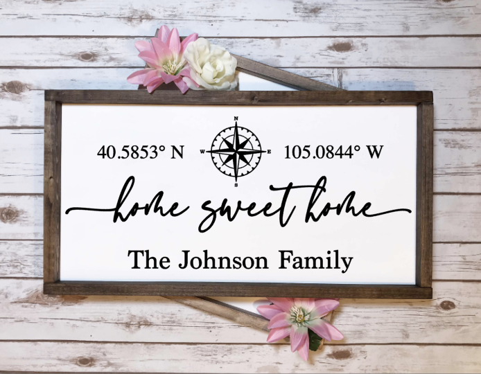Framed Home Sweet Home Coordinates Sign