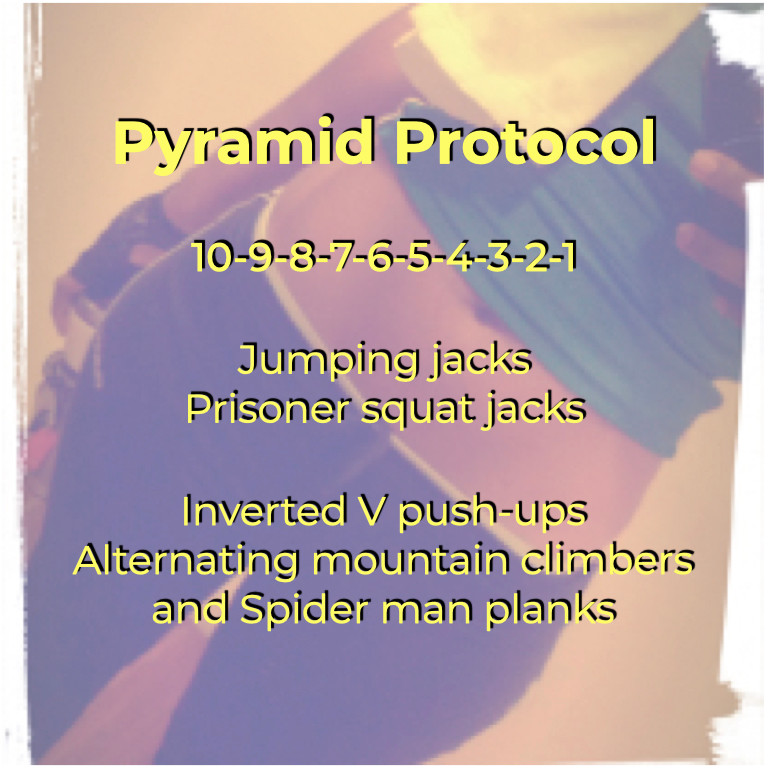 Square tile depicting female torso after work. Pyramid protocol workout routine - Jumping jacks / Prisoner squat jacks; Inverted V push-ups / Alternating mountain climbers and Spider man planks